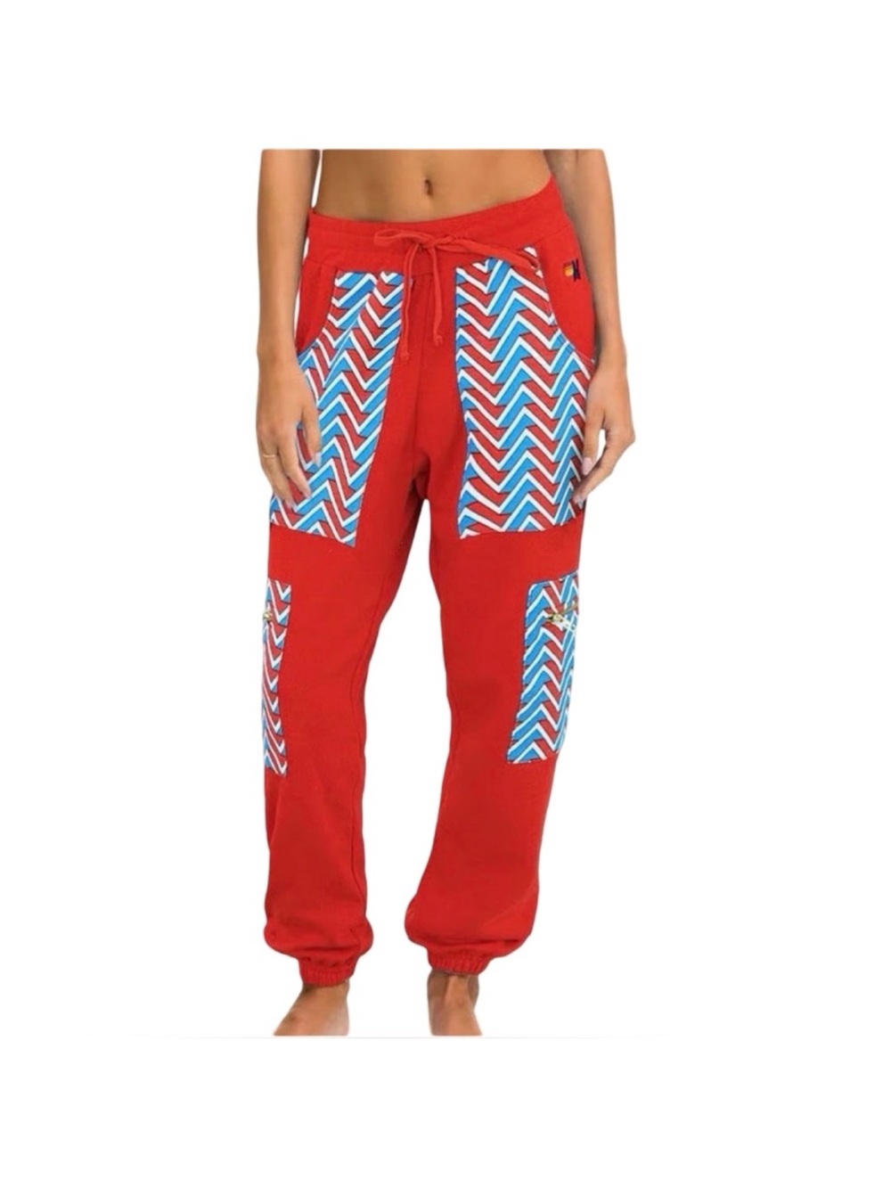 Aviator Nation Geo Big Lightning Bolt Cargo Sweatpants in Red Blue Sweats